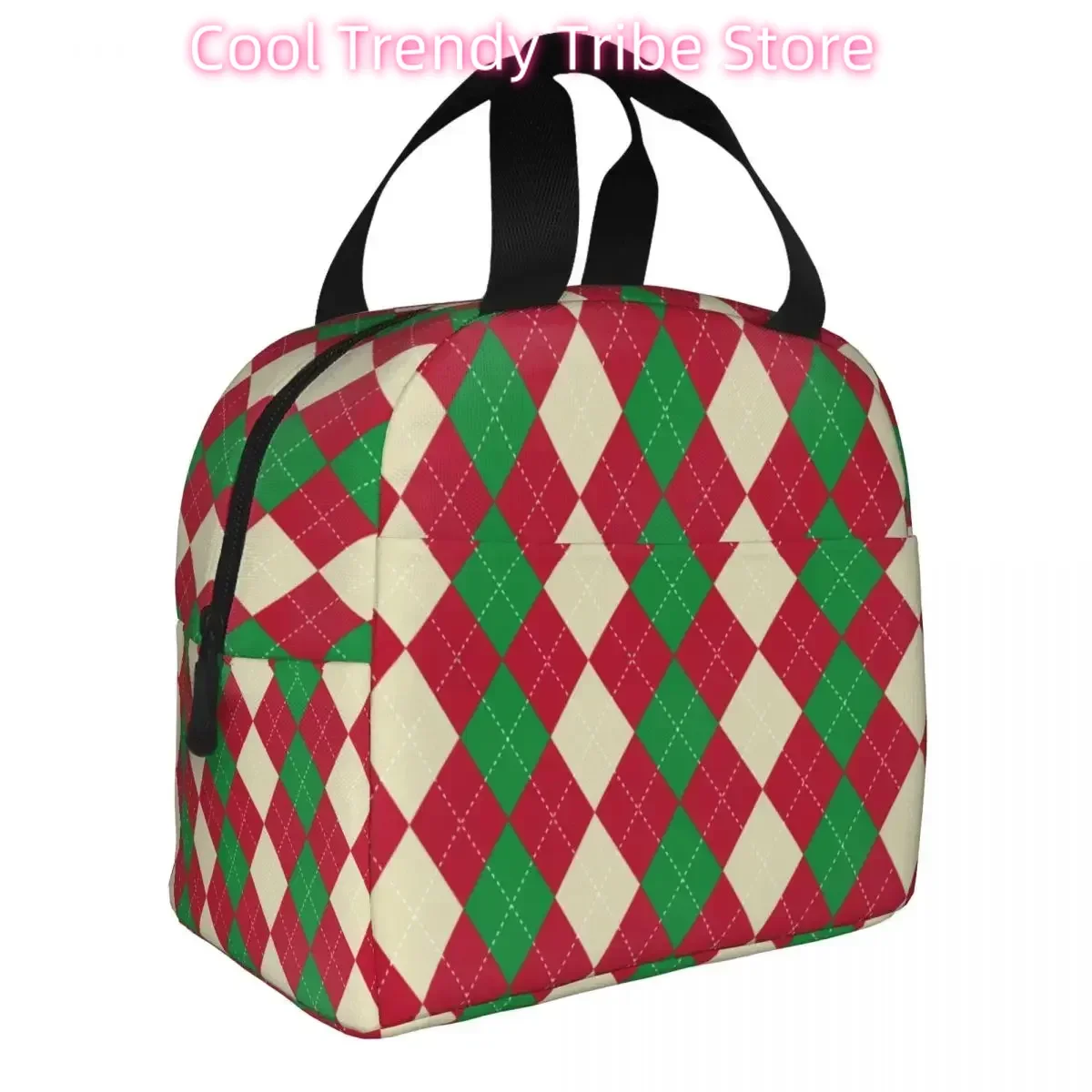 Merry Christmas Plaid Pattern Insulated Lunch Bags Leakproof Red Green Reusable Cooler Bag Tote Lunch Box Beach Travel Men Women