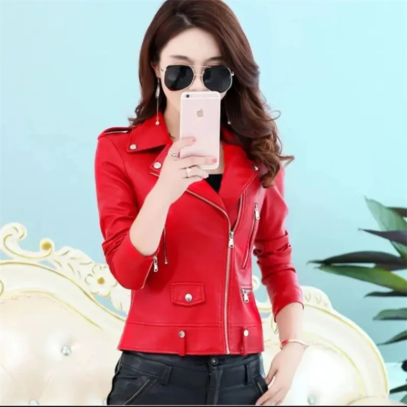 2026 New Leather Coat Fashion Women's Motorcycle Leather Jacket Short PU Leather Korean Style Spring Autumn Jacket Tops Female