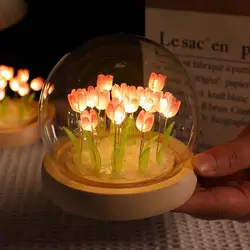 Artificial Tulip Night Light with Transparent Cover Handmade DIY Bedside Lamp LED Night Light Home Decoration Atmosphere Light