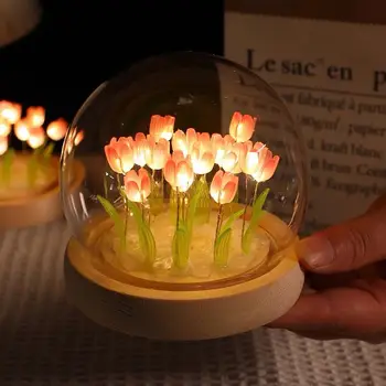 Luce notturna a tulipano artificiale con copertura trasparente Lampada da comodino fai-da-te fatta a mano Luce notturna a LED Decorazione domestica Luce d'atmosfera