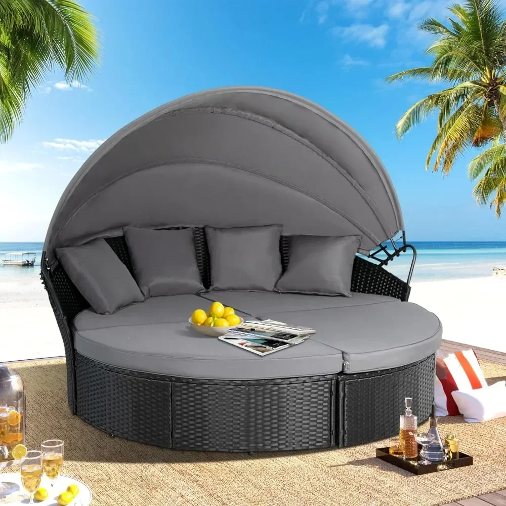 Round Daybed with Retractable Canopy, Clamshell Sectional Seating, Outdoor Furniture with Washable Cushions