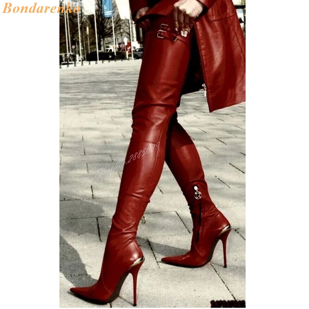 Buckles Metal Thigh High Boots Pointy Toe Solid Side Zipper Fitted Thin High Heels Leather Boots Sexy Style Women Winter Shoes