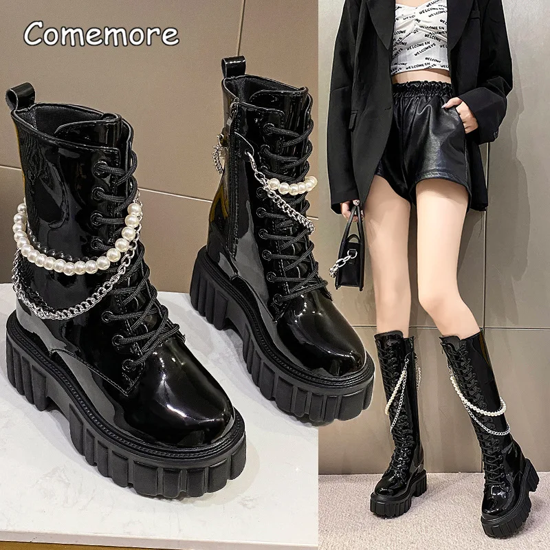 

Модные высокие сапоги до колена из лакированной кожи с жемчужной цепочкой, Нескользящие модельные ботильоны на платформе для женщин, Zapatos De Mujer