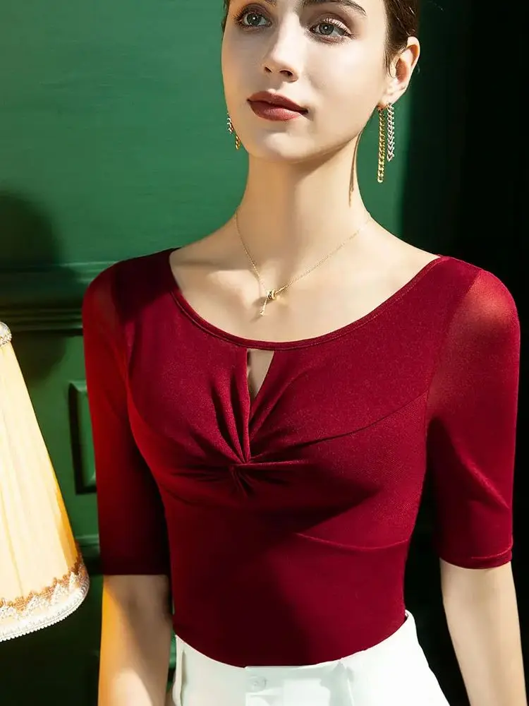 Half Sleeve Mesh Top Women Clothing 2024 New Summer Autumn Basic O-Neck T Shirt Casual Streetwear Skinny Slim T-shirts Clothes
