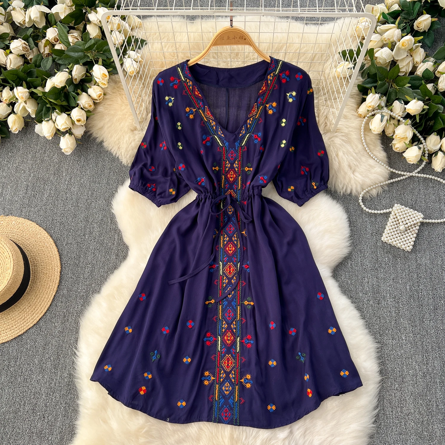 Vintage Elegant Embroidery Venck Short Sleeve Dress A-line Fashion Spring Summer Vestidos Women Dresses