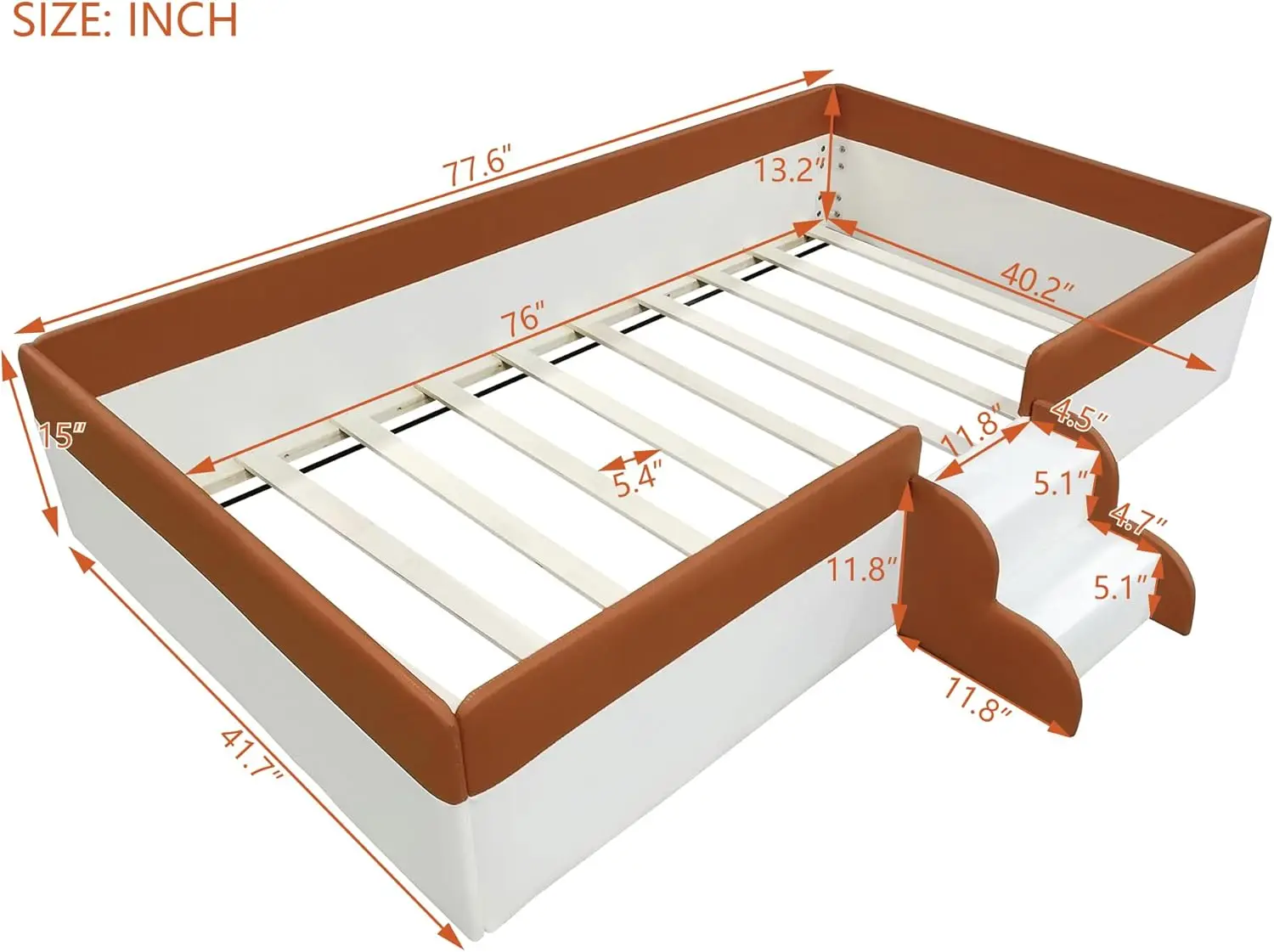 Merax Twin Size Kids Floor Bed, Upholstered Kids Daybed Frame with Fence and Stairs, Wood Bed for Living Room, White+Brown - Detail 1