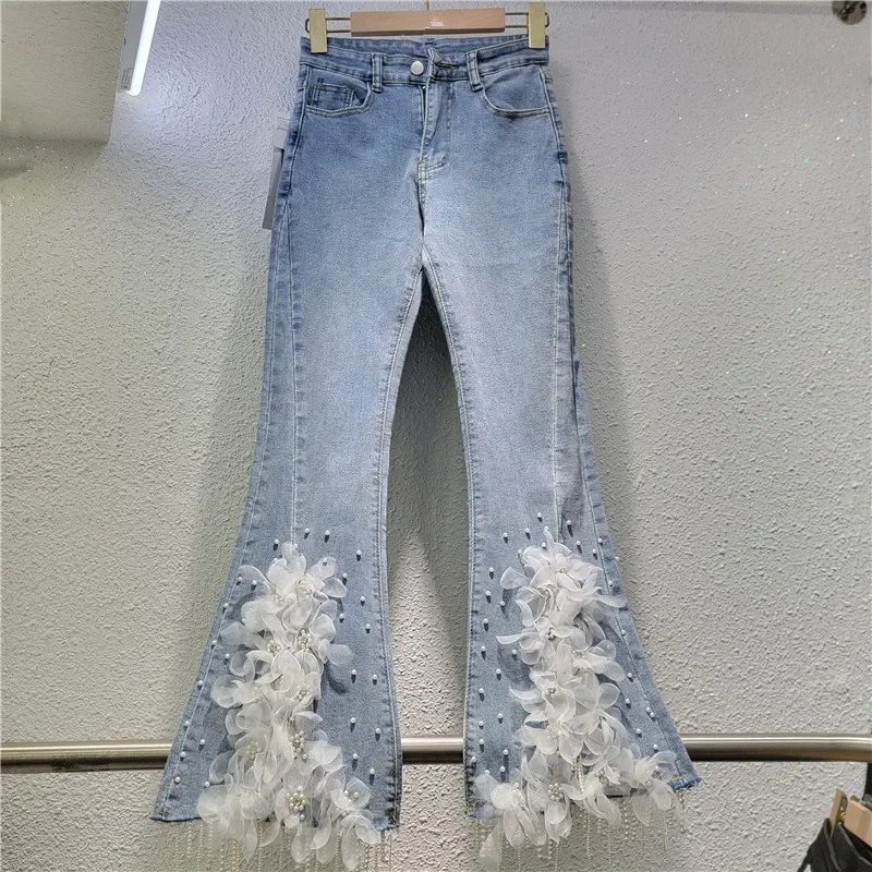 

Womens Pants 2025 Fashion Temperament Streetwear Flower Design Horn Jeans High Waist Slim Elastic Nail Bead Long Trousers