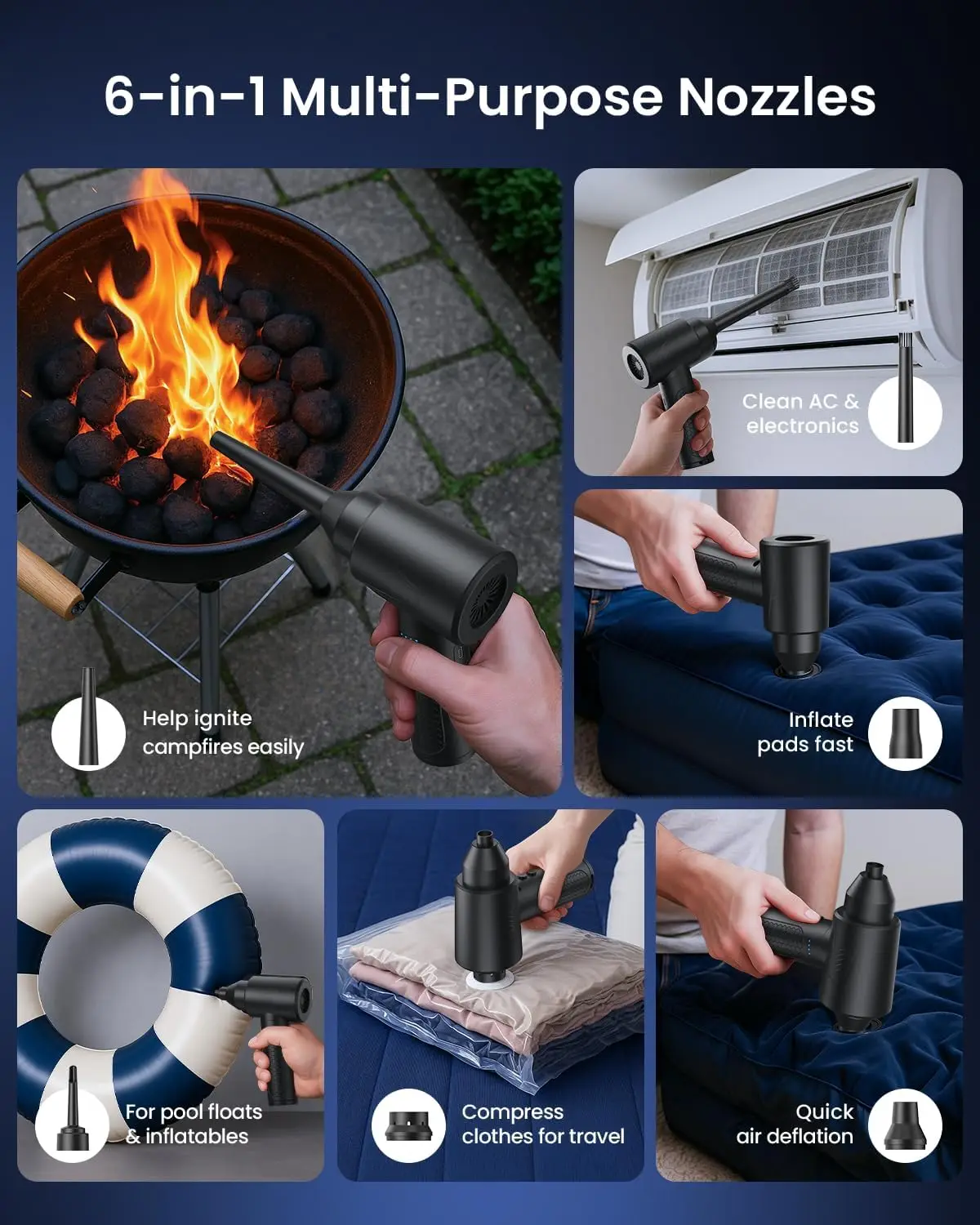 منفضة هواء مضغوطة 100000 دورة في الدقيقة منفاخ هواء كهربائي محمول ومكنسة كهربائية، 3 سرعات، ضوء LED، لوحة مفاتيح ومجموعة تنظيف السيارة