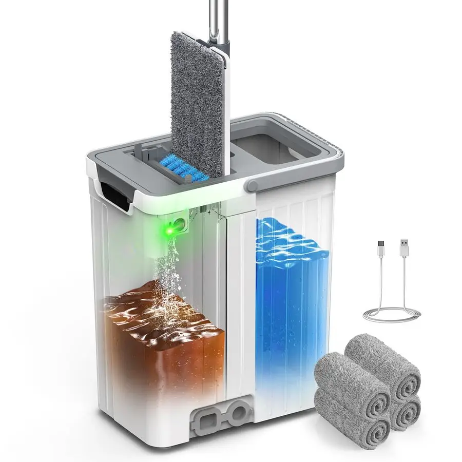 

Набор для уборки пола: швабра с автоматической подачей воды, 3-зонная система для разделения грязной и чистой воды, плоская швабра и ведро на колесиках с отжимом.