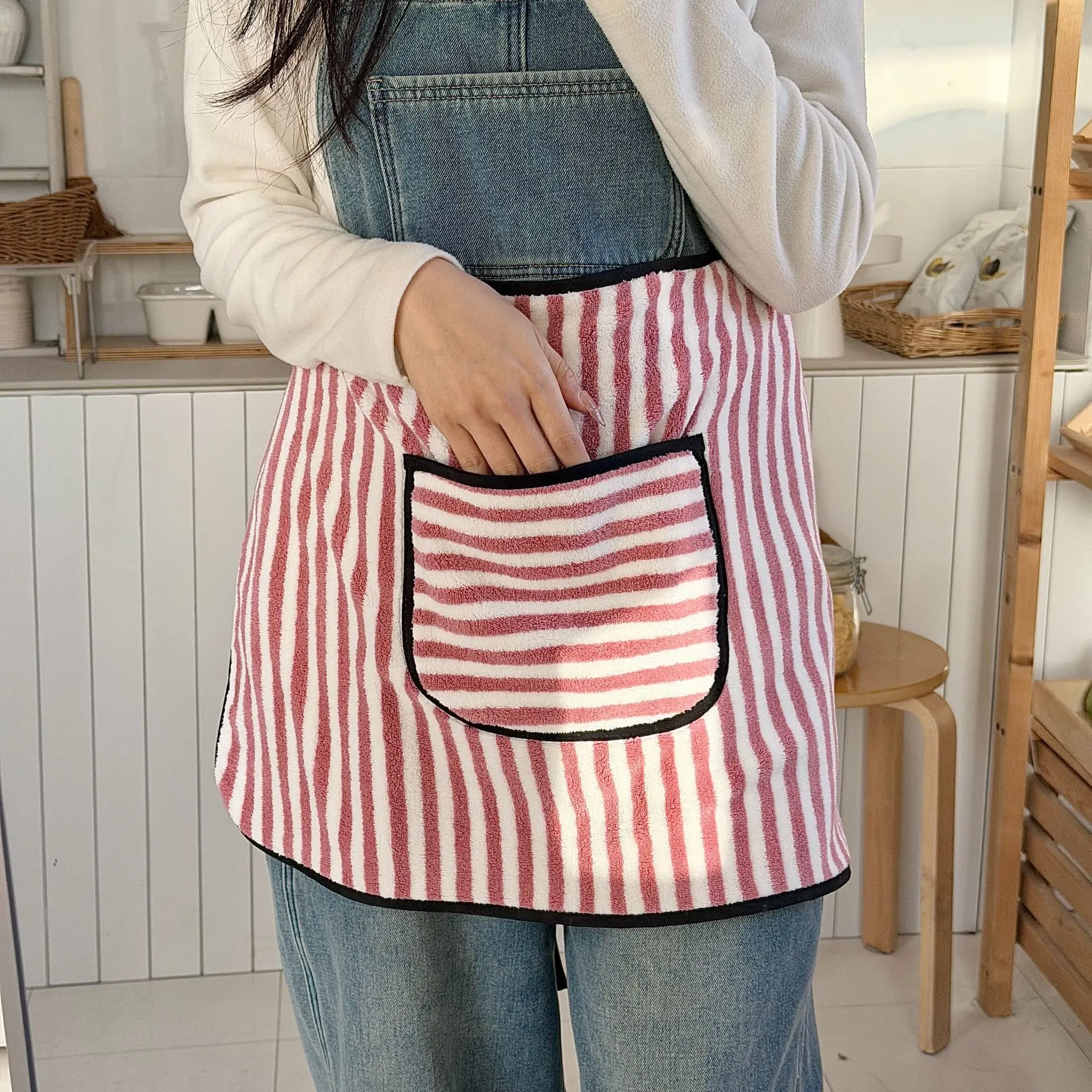 Candy Colored Plaid Half Body Apron for Women Coral Fleece Home Baking Flower Shop Anti Fouling Lace Up Short Apron