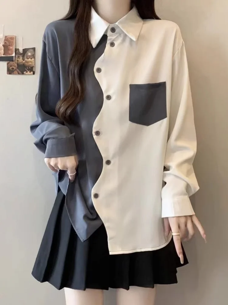 Large Size Women's Autumn Shirt Fashionable Color Block Design Irregular Long Sleeve Loose Fit Versatile Single Button Top