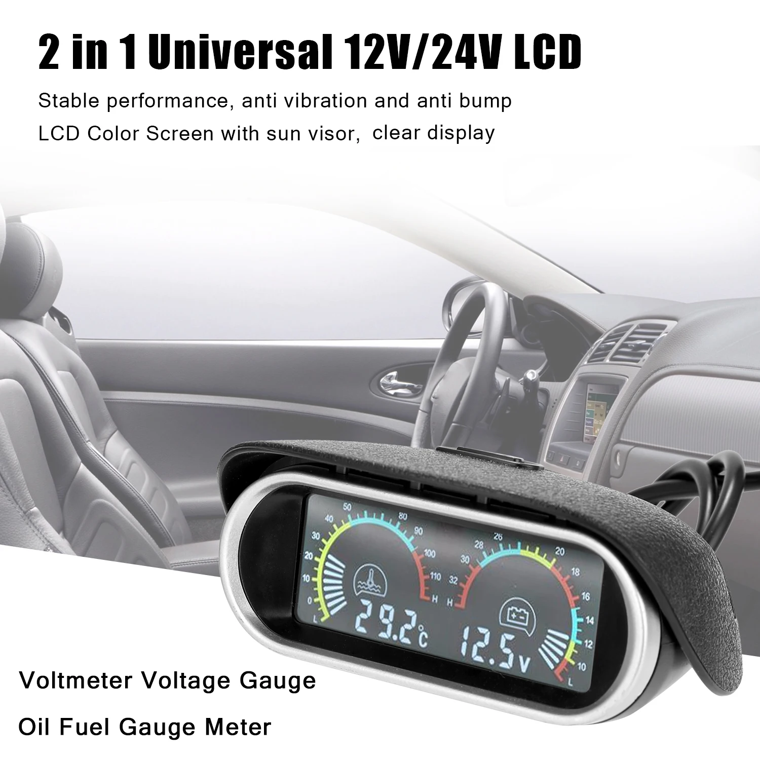 2 في 1 مقياس LCD السائل الكريستال سيارة الرقمية مقياس أفقي درجة حرارة الماء والجهد مقياس رقمي #5