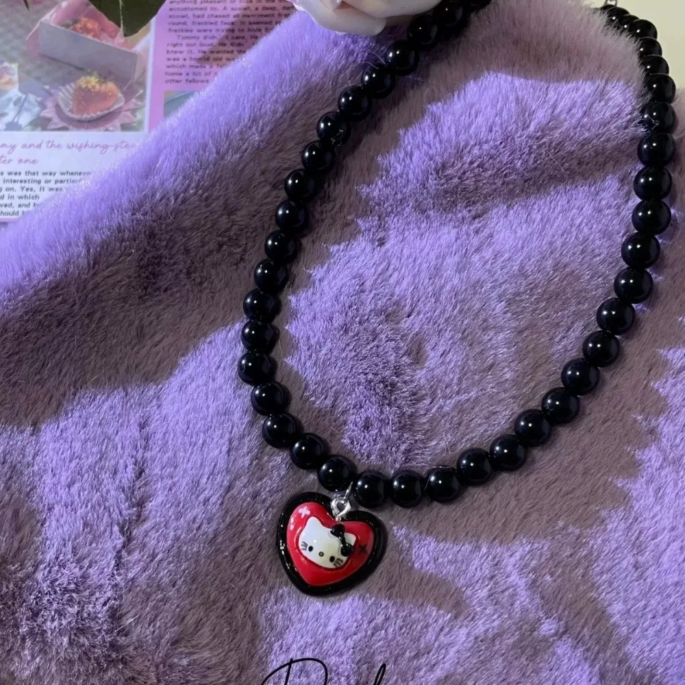  Hello Kitty Necklace Retro Design Black Cute Bead Necklace Cartoon Collarbone Chain Girl Jewelry Accessories Style Gift