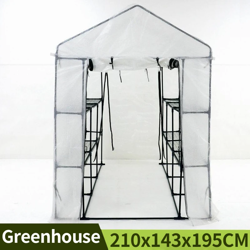 210x143x195CM Walk-in Greenhouse Plant Cover Garden Removable 3-Grids Flower Shelf Outdoor Balcony Vegetable Sheds with Frame