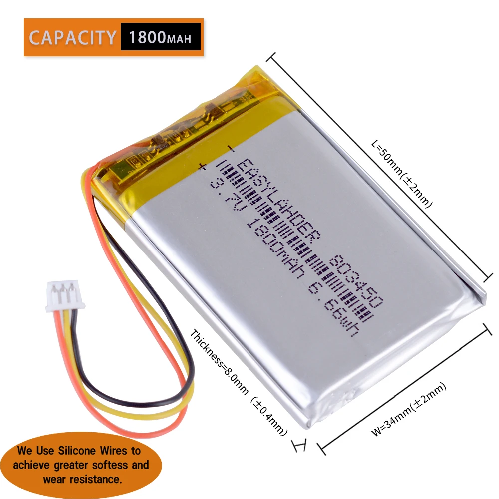 Silicone Wires 3.7V 1800mAh 803450 JST1.25mm 3Pin Lithium Lipo Polymer Battery For Speakers Wireless Headset Corsair Void Pro