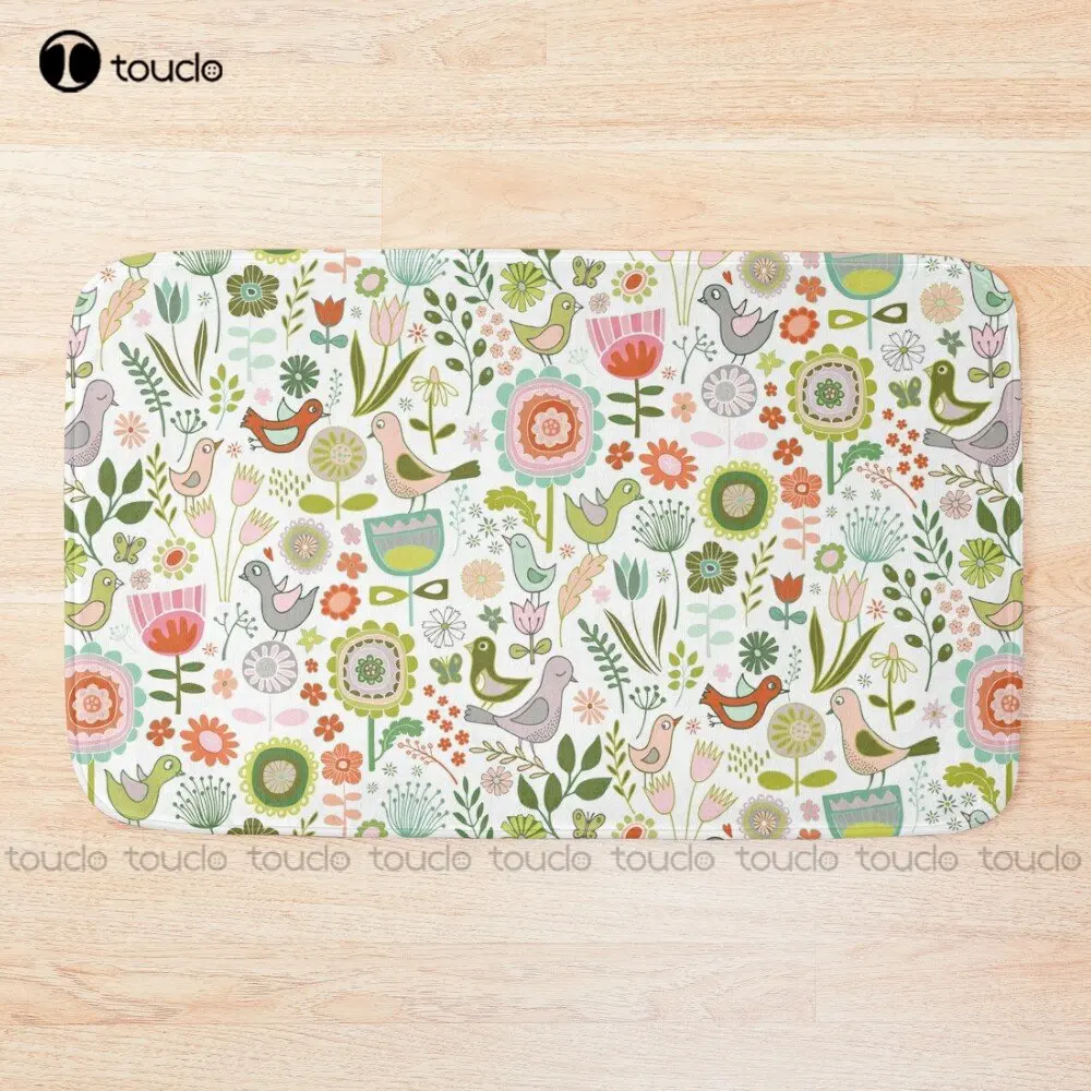 Birds And Blooms - Springtime - Pretty Floral Bird Pattern By Cecca Designs Bath Mat Bathroom Rug For Tub