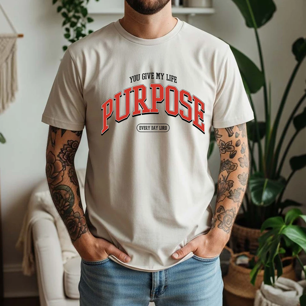 New Summer Men's 100% Cotton T-Shirt You Give My Life Purpose Retro Varsity Letter Casual Breathable Short Sleeve