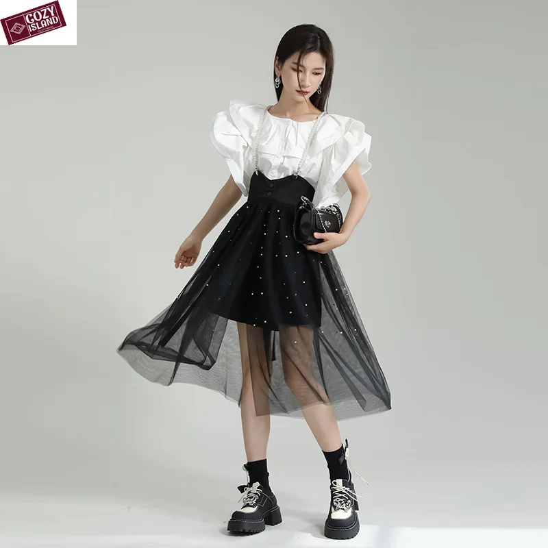 Women White Shirts Black Mesh Skirts Outfits Summer Dress Sets Gauze Sling Waistband Slim Waist Girdle Strap Stitching Clothes