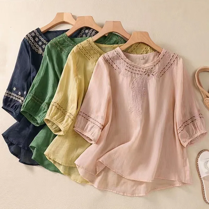 Fashion Thin Cotton Linen Y2k Tops Tee Women Clothing Summer Loose T Shirts Woman Embroidered T-shirt Blusa Casual Ladies tshirt