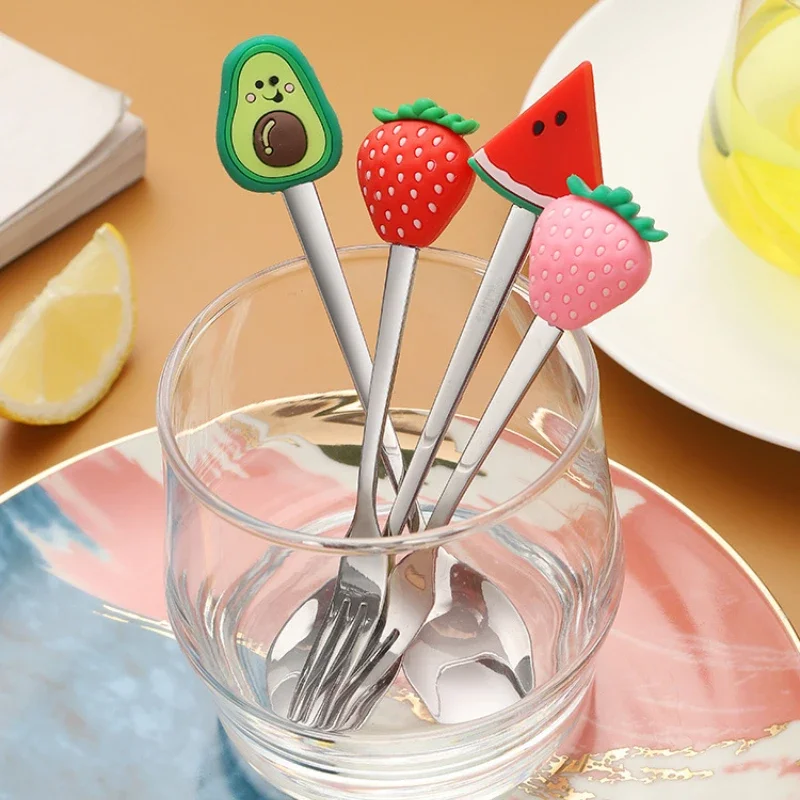 1pc Creative Cute Fruit Shape Dessert Spoon Cartoon Fruit Fork Cake Coffee Stirring Spoon Kitchen Household Tableware Kids Gifts