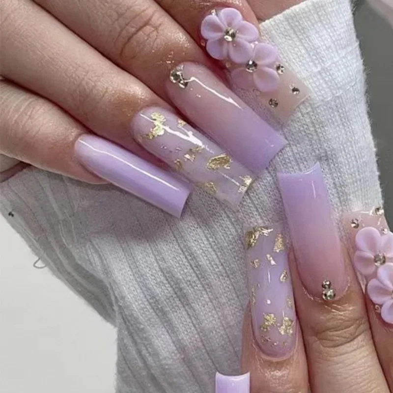 

24Pcs/Set Removable Purple Gradient Long Ballet Press on Nail Full Cover Acrylic Wearing False Nails Stereo Flower Fake Nail Art