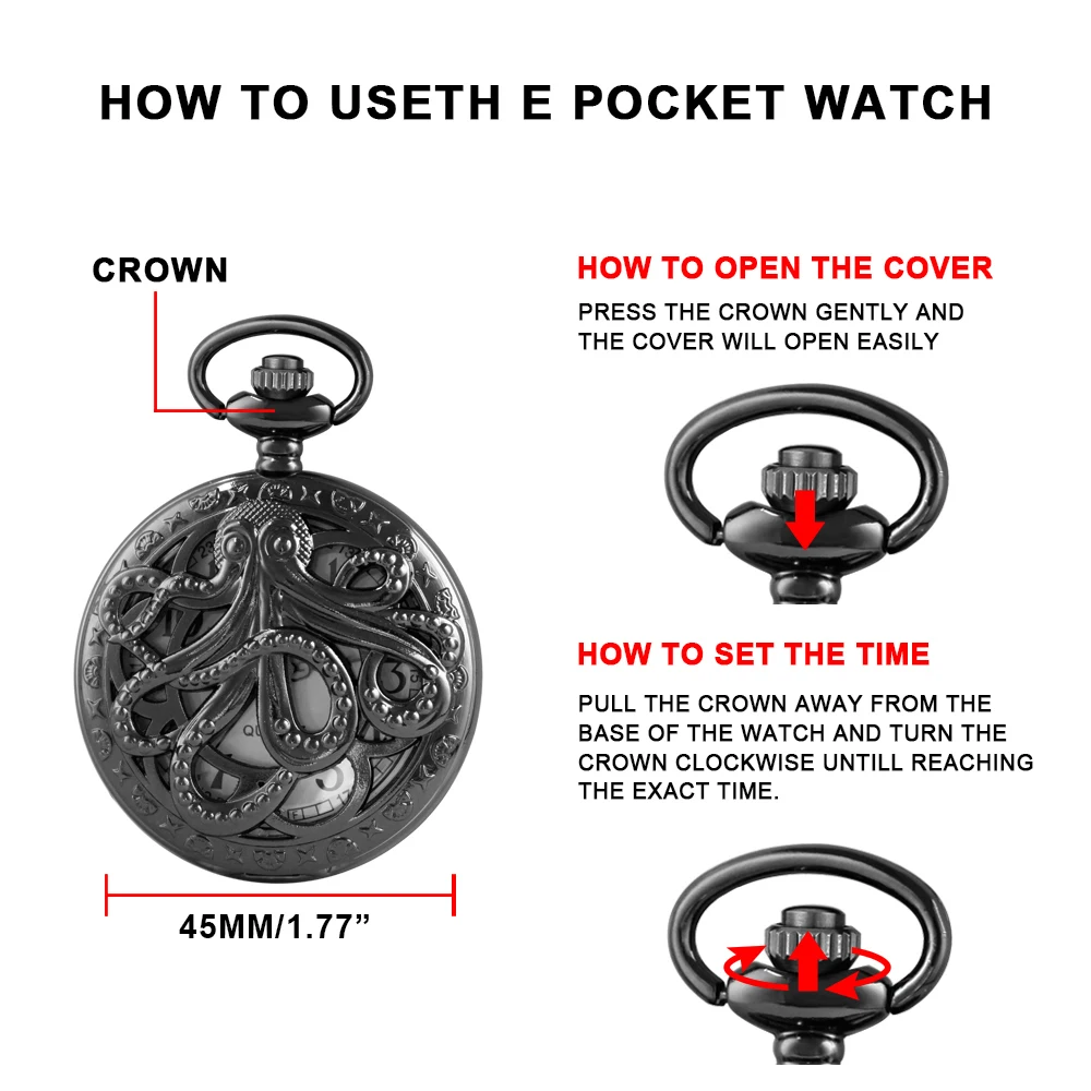 Vintage Dark Monster Octopus Hollow Quartz Pocket Watch Steampunk Black FOB Chain Watch Pendant Necklace Men's Children's Gift