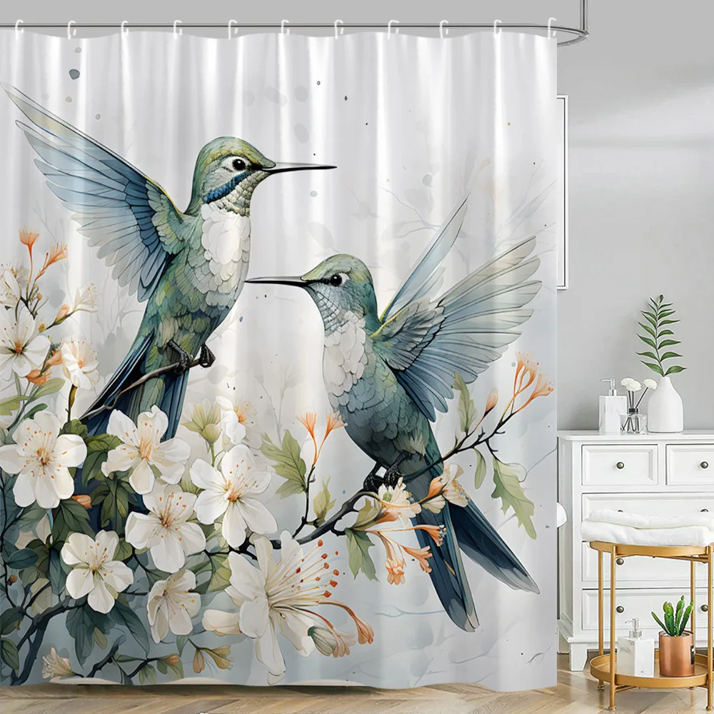 

Floral Hummingbird Shower Curtain Watercolor Botanical Farm Spring Modern Rustic Scenery Polyester Fabric Bathroom Decor Curtain