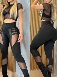 Women Sexy Solid Pants 2025 Casual Ladies O-Ring Decor Sheer Mesh Patchwork Pencil Pants Autumn Spliced Package Hip Trousers