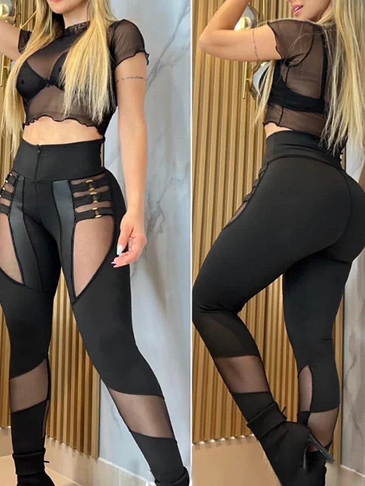 Kobiety Seksowne Solidne Spodnie 2025 Casual Ladies O-Ring Decor Sheer Mesh Patchwork Pencil Pants Autumn Spliced Package Hip Trousers