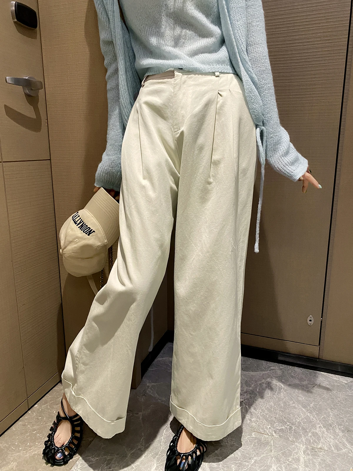 

High Waist Wide Leg Pants Casual Loose Straight Cut Trousers FEELROOM Elastic Waist Roll up Casual Versatile Long Trousers
