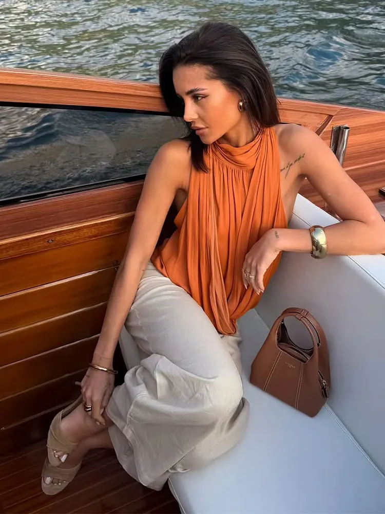 Damen-Oberteile, einfarbig, Pullover, Neckholder, Stehkragen, plissiert, rückenfrei, ärmellos, glamourös, locker sitzend, Partykleidung, Strandkleidung – Detail 24