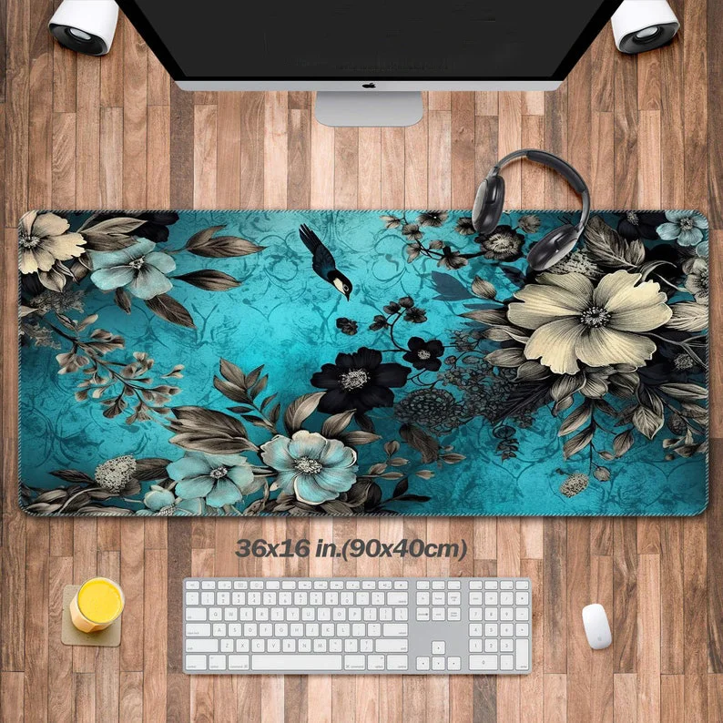 

Dark Cottagecore Desk Rug,cyan Blue Flowers and Birds Watercolor Mouse Pad, Hand Drawn Flower Plants Desk Décor, Desk Accessory