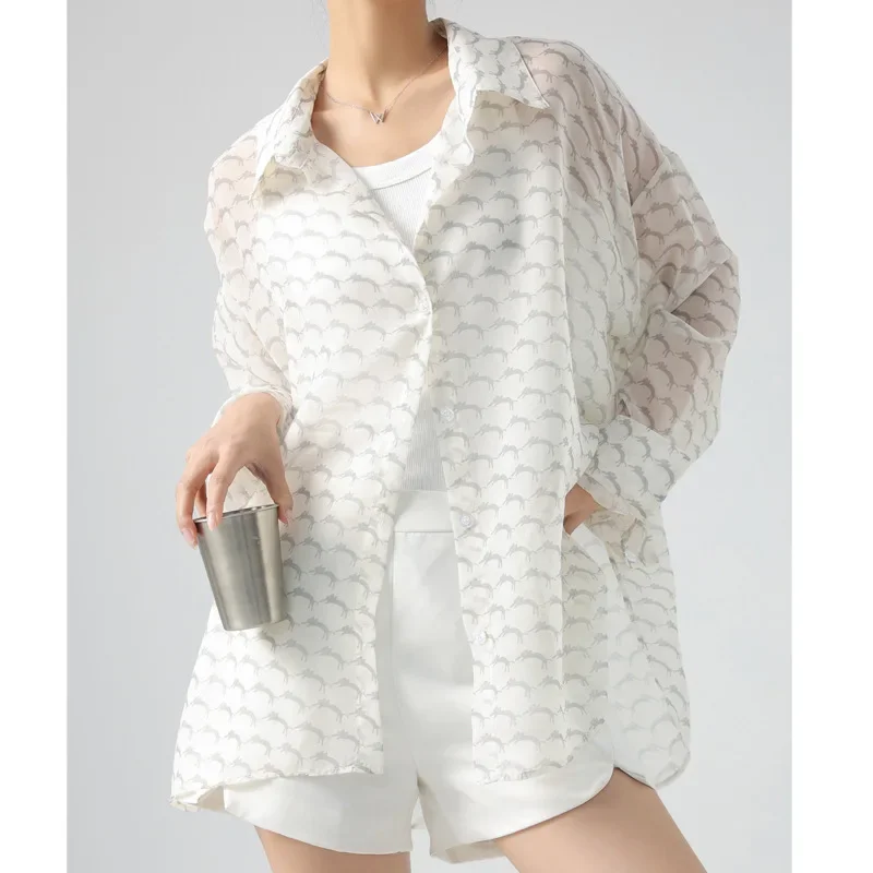 Summer Casual Shirts Chiffon Long Sleeve Sun Protection for Women Print Color Korea Stylish Classic Loose Female Blouse