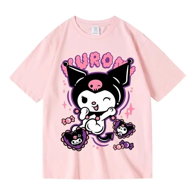 

Kawaii Fashion Sanrio Kuromi White T-shirt Black White Character Print Pink Skull Hat Purple Stars Cotton Crew Neck Short Sleeve