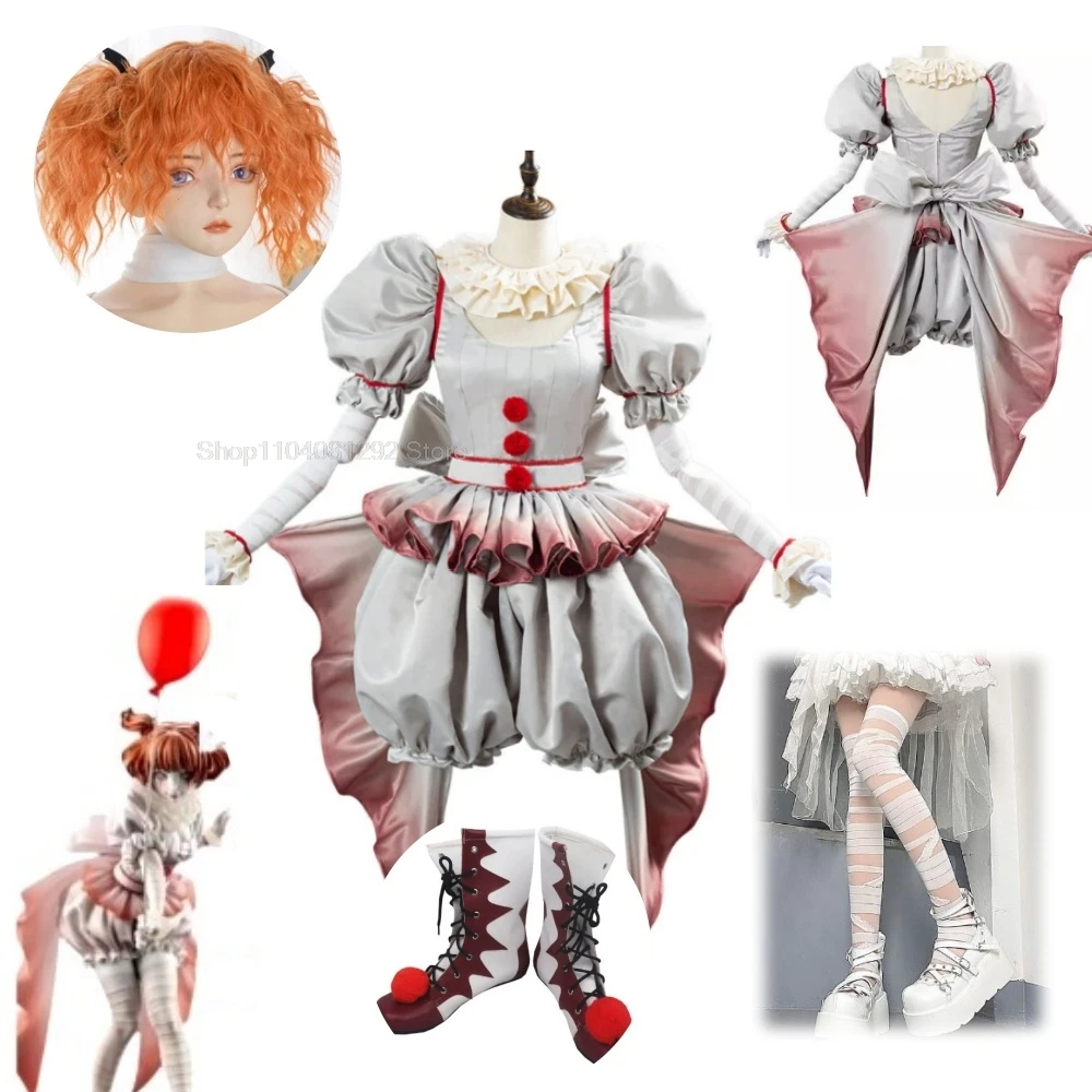 Disfraz de Cosplay de Pennywise de payaso de película, Genderswap, vestido de Lolita de terror para Halloween, conjunto completo de peluca para fiesta de Carnaval de fantasía para mujer