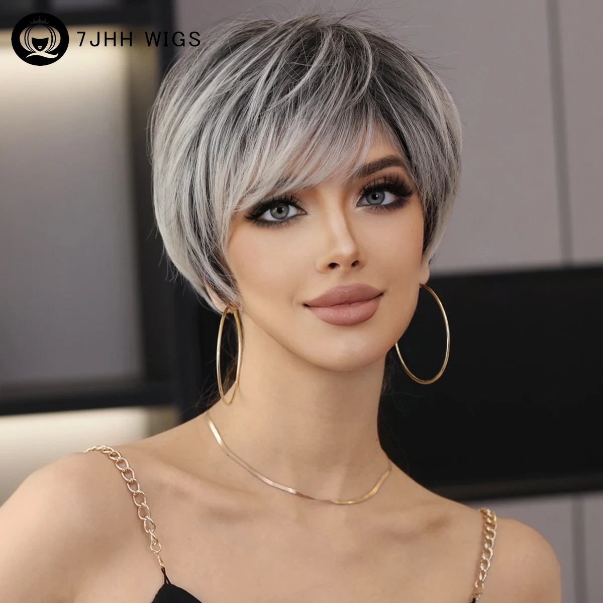 7jhh perucas-peruca ombre loira preta para as mulheres, cabelo sintético curto, em linha reta, com franja fofa, pixie cut, para a festa diária