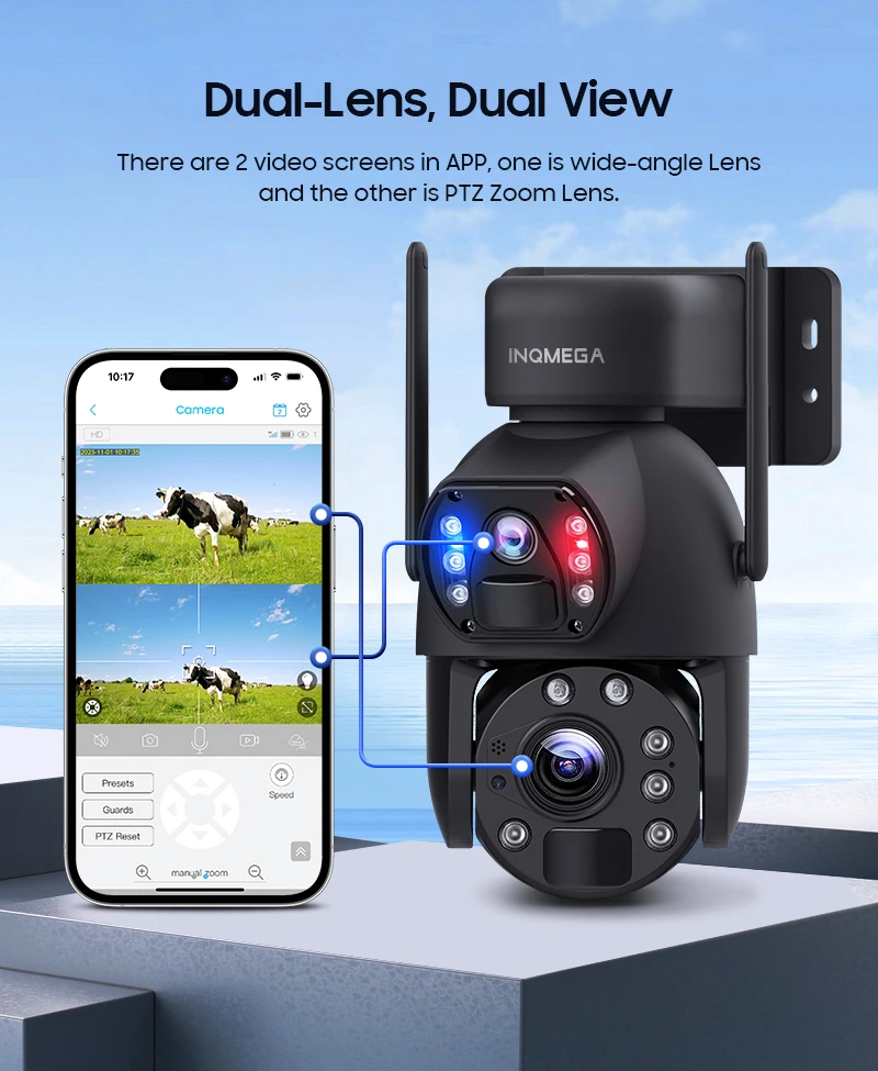 INQMEGA 30W 4G SIM Solar Panel Camera 12MP 50X ZOOM Solar Cameras 28000mAh Battery Camera Outdoor Dual Lens RecordingHumanoid ﻿