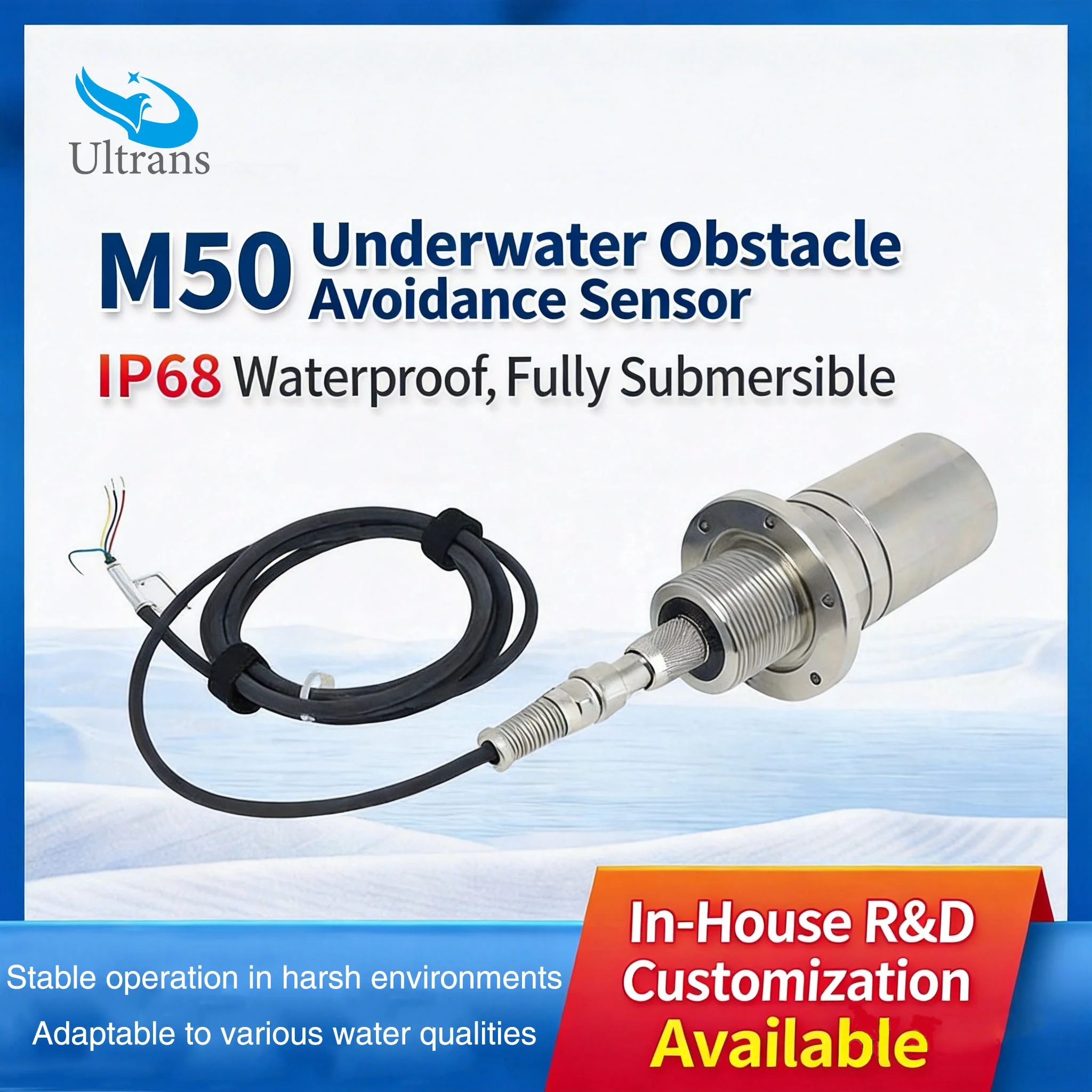 M50 Underwater Obstacle Avoidance Sensor 200/300KHz Ultrasonic Underwater Distance Measurement 304 Housing 50/100 Meter Range