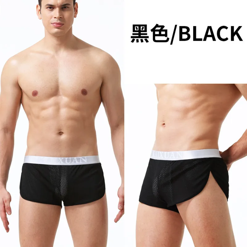 Men Boxer Shorts Sexy Underwear Low Waist Nylon Breathable Mesh Gay Penis Pouch Underpants Sleepwear Male Panties