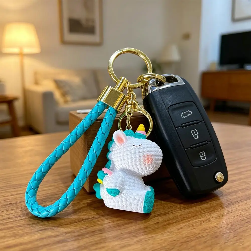 School Bag Hanging Ornament Rainbow Unicorn Resin Keychain Pendant Braided Rope Key Holder School Bag Hanging for Backpacks
