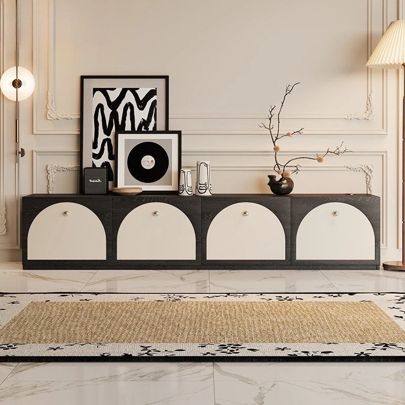 

Шкаф для телевизора, полый пол, узкий ретро-стиль, французский простой 45, усиленная задняя часть, ультратонкая гостиная, черно-белая кожа