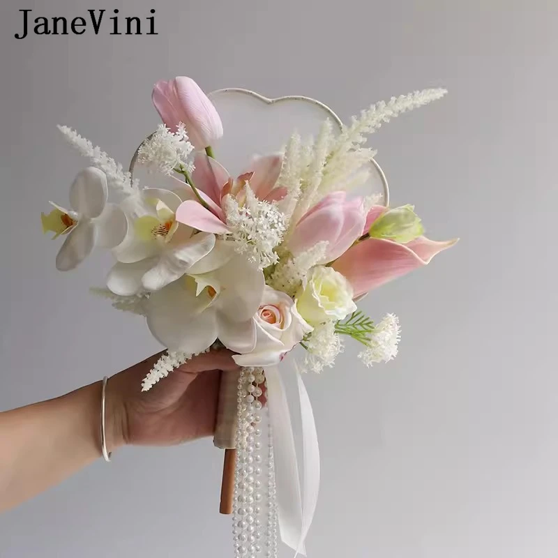 

JaneVini Elegant Pink Tulip Bridal Bouquets Fan Wedding Accessories Artificial Silk Flowers Chinese Bouquet Fan Photography Prop