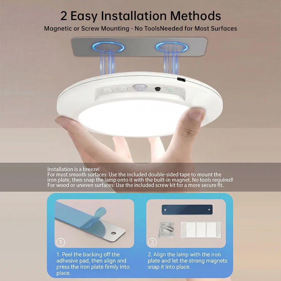 Magnetic Motion Sensor Led Ceiling Light Rechargeable LED Lamp Dimmable 3000K/4500K/6000K Wireless Wall Lamp with Remote Control