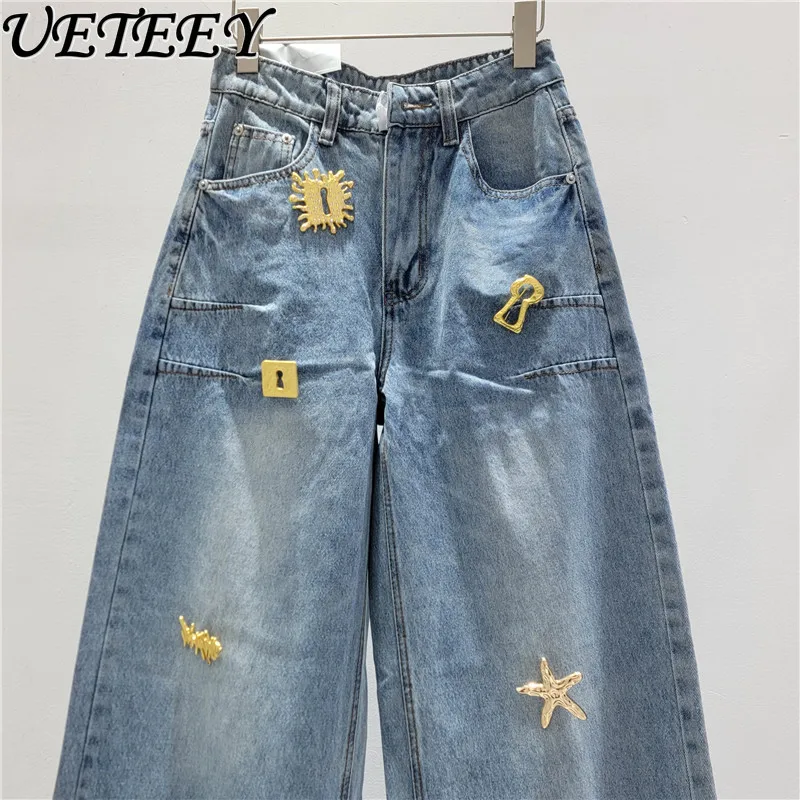 

American Retro Washed Metal Decorative Jeans Spring New Trendy Brand Loose Straight Denim Pants Wide-leg Casual Pantalones