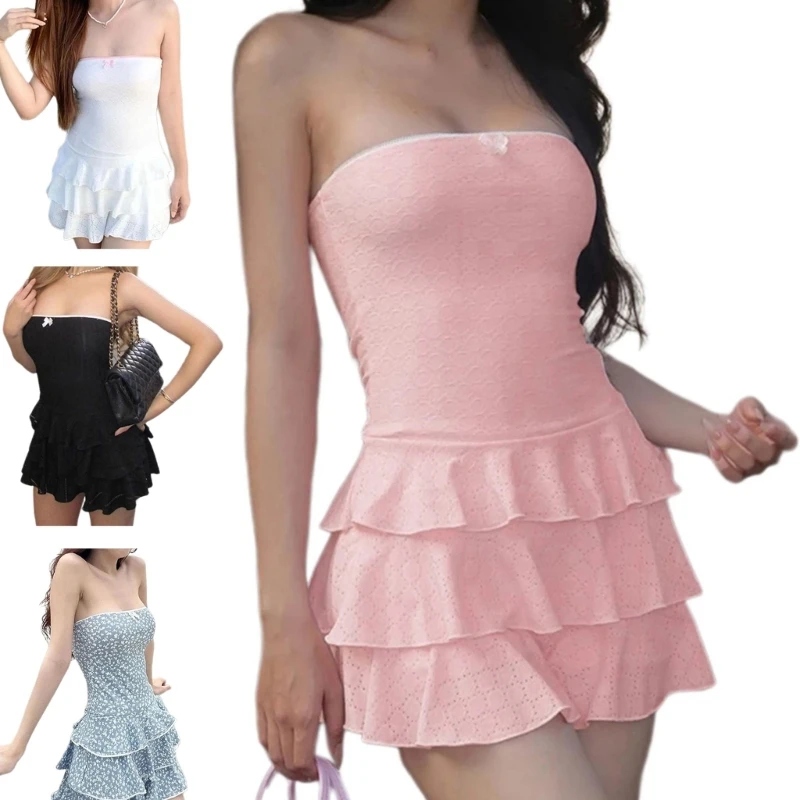 

Women Strapless Bandeau Bowknot Highs Waist Tiered Flared A Line Short Dress P8DB