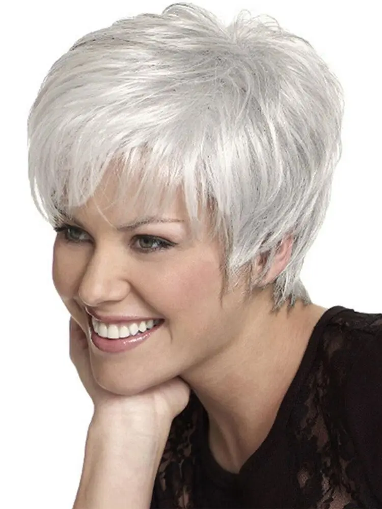 Real  Hair White Short Layered Mit Bangs Women's Natural Wig 8 Inch