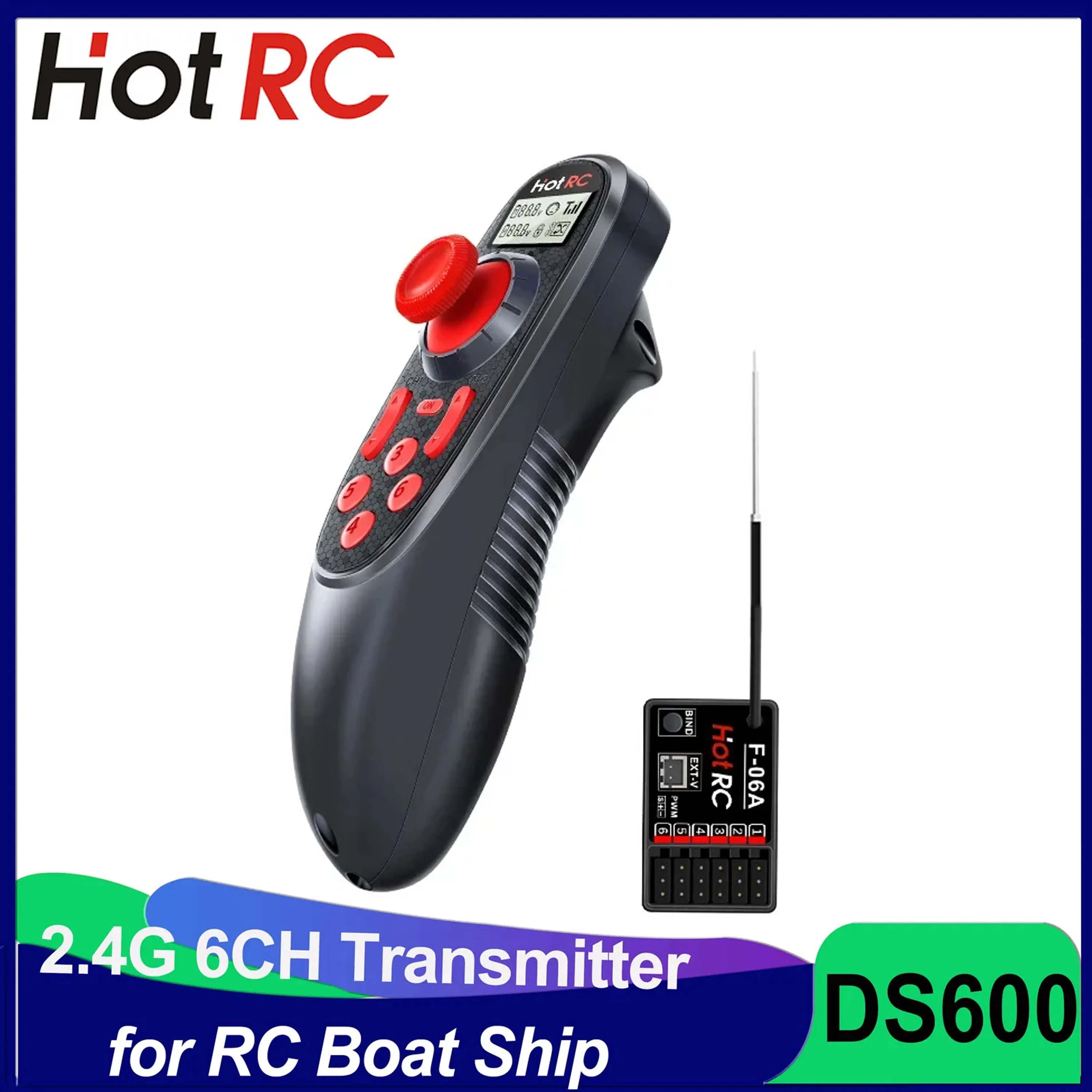 

HOTRC DS-600 Transmitter 6CH 2.4G LCD Remote Controller F-06A PWM Receiver Voltage Return 4-9V for RC Boat Ship Car Tank Model