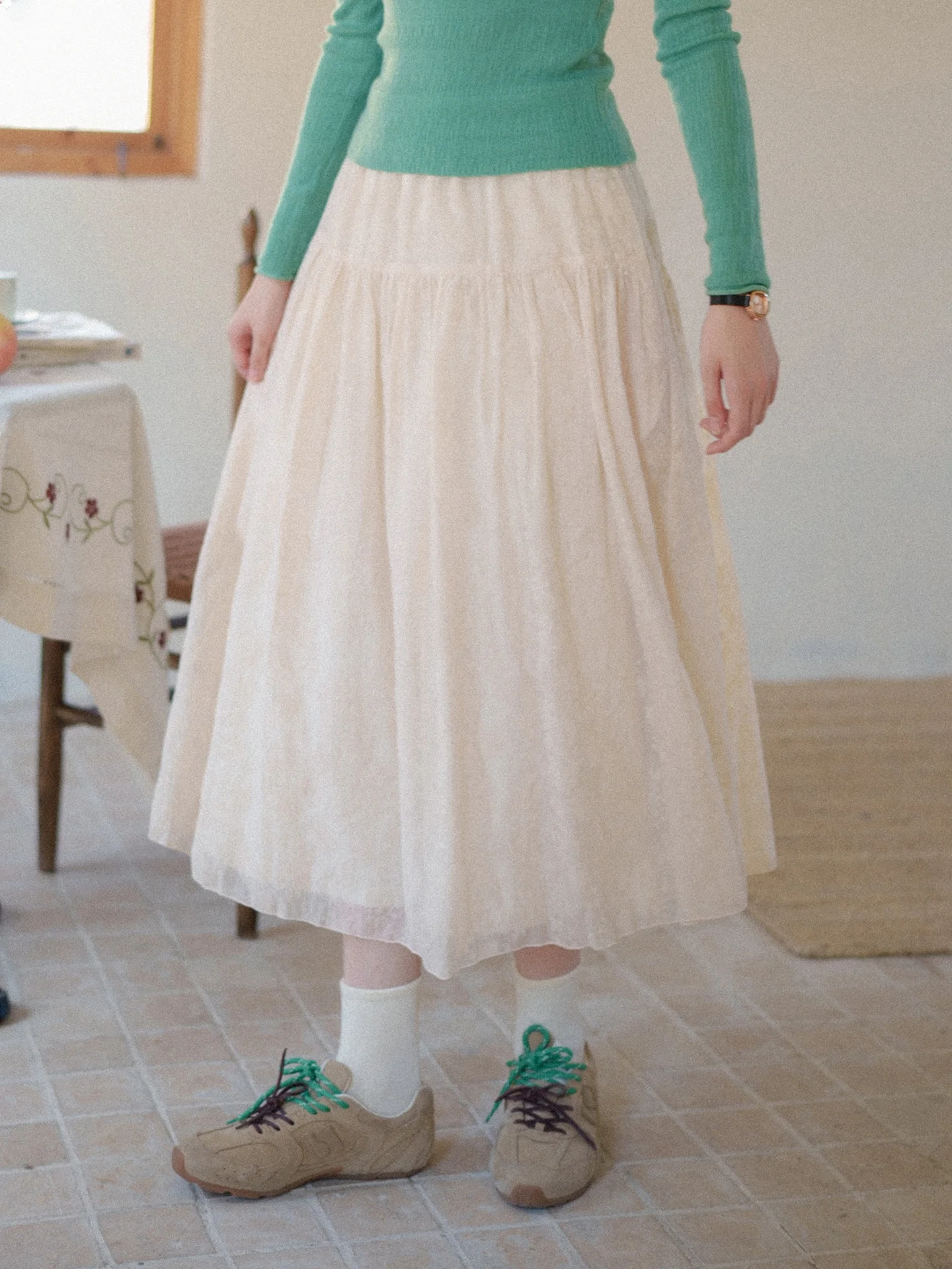 

Romantic Floing Burnout Skirt MarchNoon Elastic Waist f-length Gauze Skirt French Sle Pleated A-line Skirt for Women