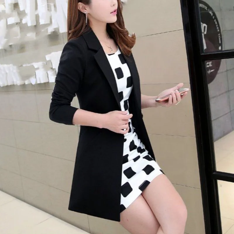 Women Spring Autumn Korean New Small Suit Commute Fashion Look Thinner Button Splicing Versatile Long Sleeved Mid Length Coat