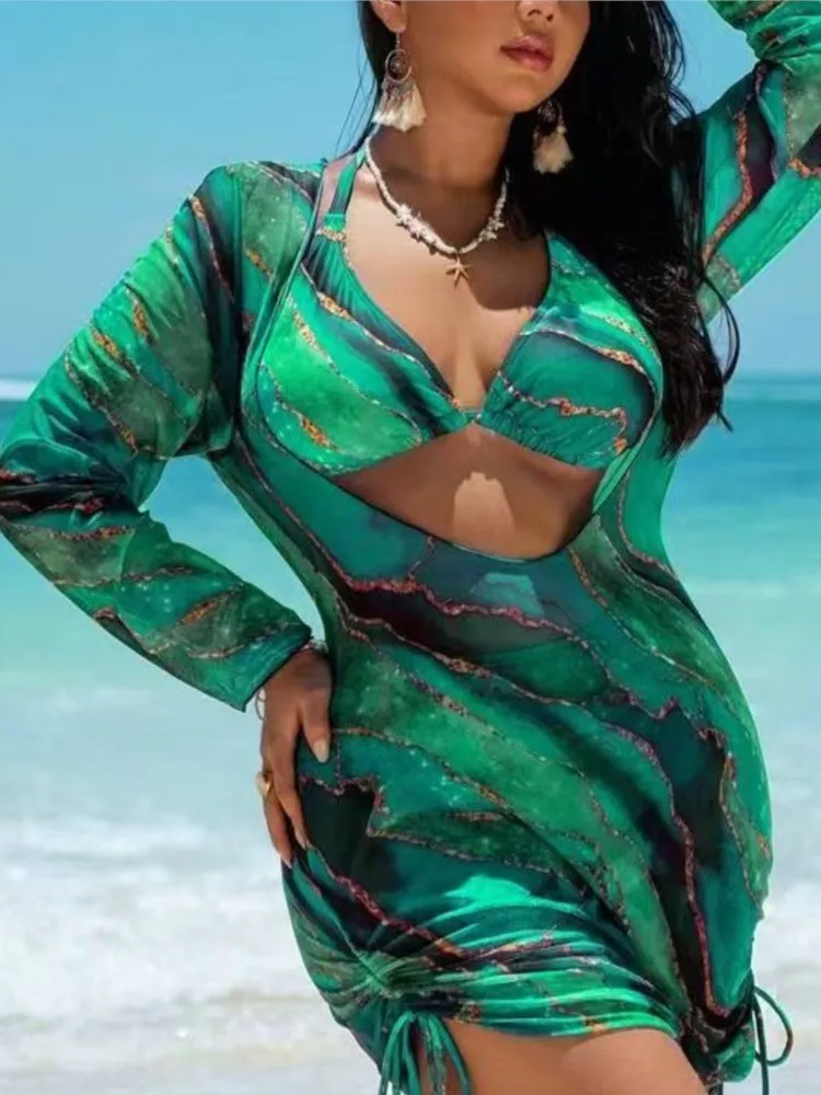 

L-4XL Большие размеры, комплекты из трех предметов, бикини, женский купальник с эффектом пуш-ап, летний Mujer, купальник с контролем живота, комплекты бикини большого размера